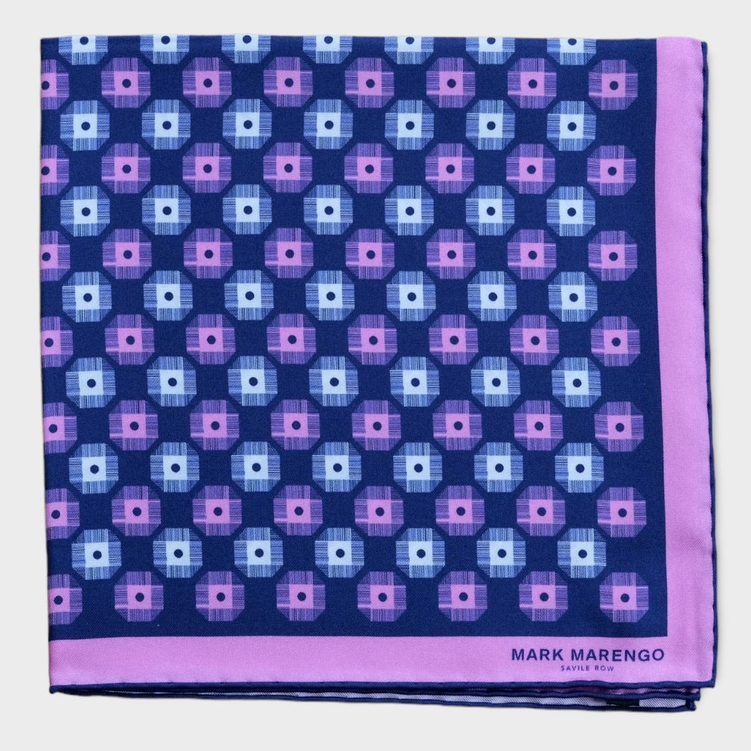 Blue Pink Silk Medallion Pocket Square