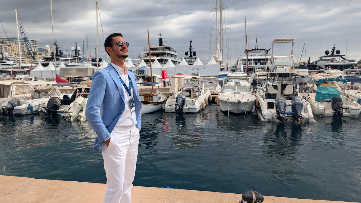 Blue bespoke jacket at the marina